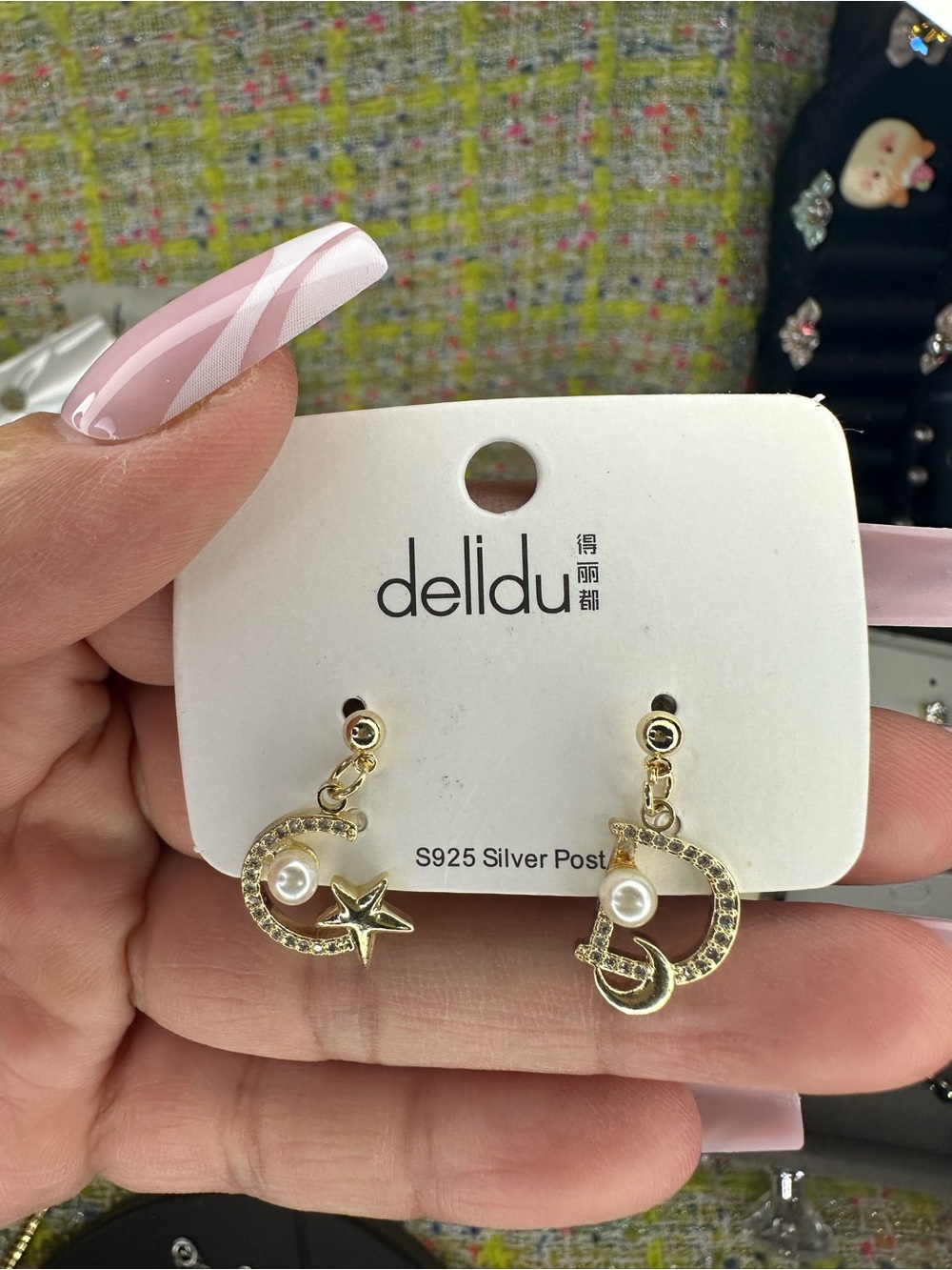 Dell Gold Moon & Star Earrings with White Pearl Accent